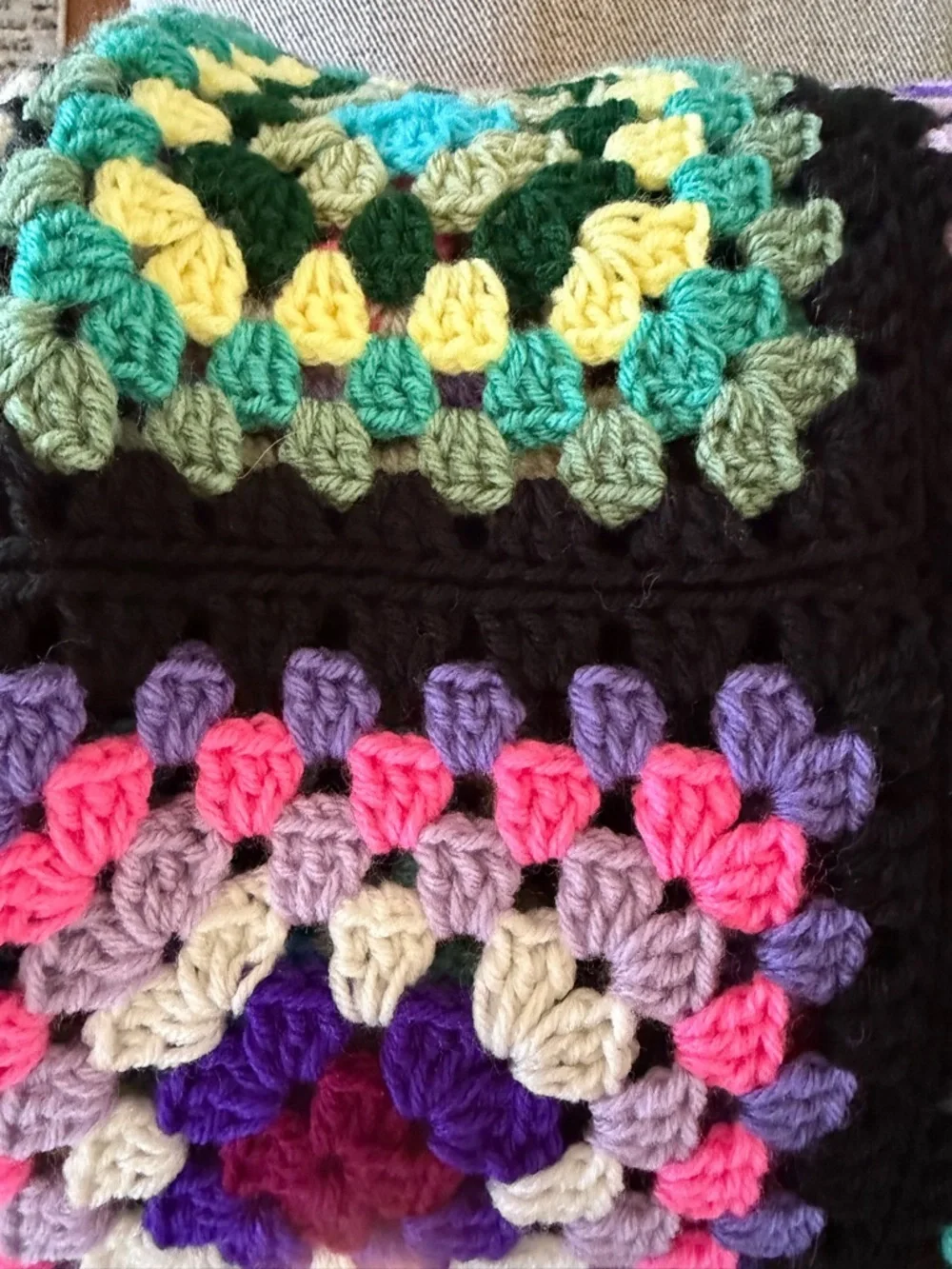 Handmade Vintage Style Black Trim Granny Square Afghan Roseanne Couch Blanket
